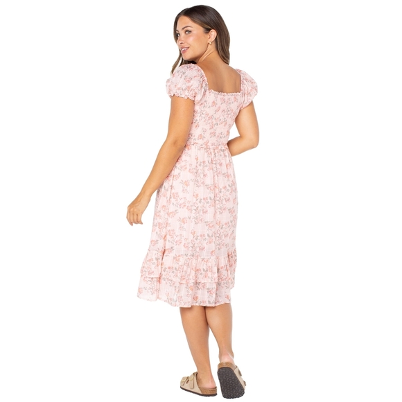 NWOT Celebrity Pink Floral Square Neck Puff Sleeves Midi Dress S - Picture 2 of 4